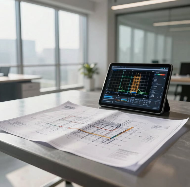 A clean architectural site office interior with a large technical blueprint laid out on a steel table, a digital tablet displaying real-time construction progress charts next to it, bright morning light.