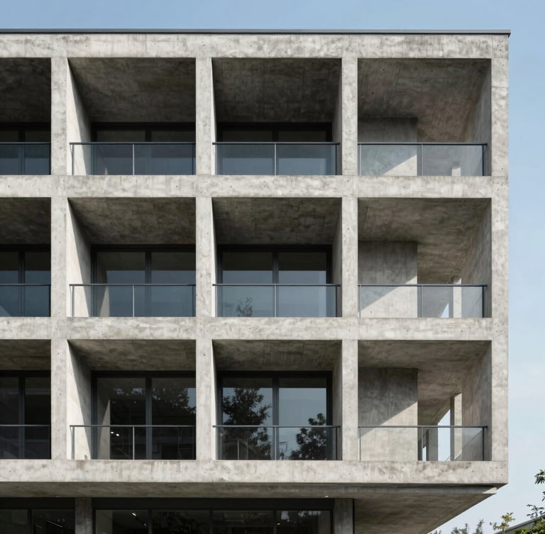 Straight-on architectural elevation of a modern concrete and steel building under bright natural daylight, emphasizing structural form and clean lines, high contrast.