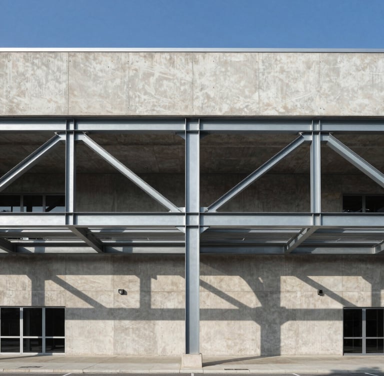 Straight-on architectural elevation of a modern concrete and steel commercial building, bright daylight, sharp shadows, structural steel beams visible, clean geometric lines.