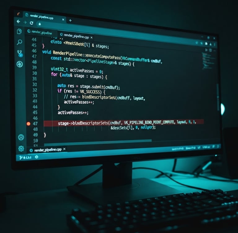 High-fidelity screenshot of a browser-based code editor, dark theme, with glowing neon-cyan syntax highlighting. A complex C++ function is partially visible, with a debugger breakpoint active. Moody tech photography, screen-glow reflections, macro lens, cinematic depth of field.