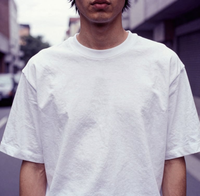 Candid street style portrait of a model from the chest down, wearing a crisp white heavyweight T-shirt, highlighting the thick structural collar and clean shoulder drape, urban background, overcast light