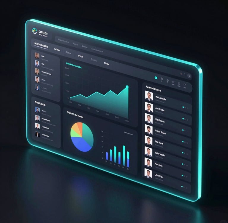 Sleek 3D render of a dark-mode agency dashboard interface showing active marketing performance graphs and employee rosters, glowing cyan borders, premium glassmorphic cards, isometric angle, octane render