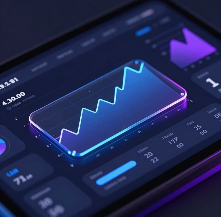 Sleek close-up of a dark mode analytics dashboard showing neon blue and purple line graphs, glassmorphic card overlays, and clean data typography.