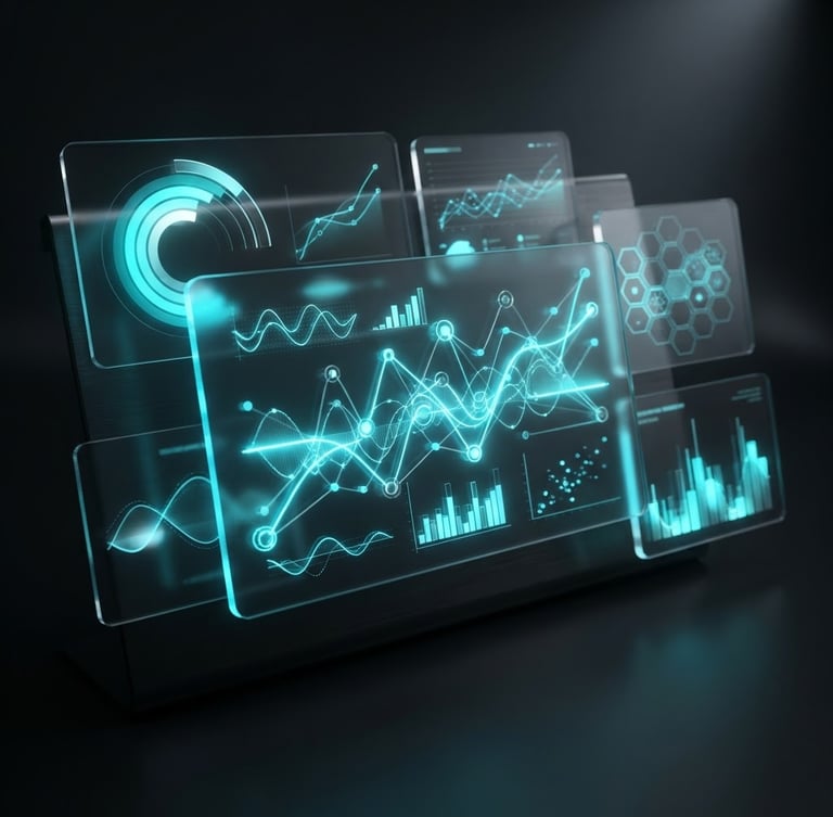 Sleek 3D render of a dark-mode dashboard interface, glowing neon cyan charts, glassmorphic panels refracting light, dramatic low-key studio lighting, octane render