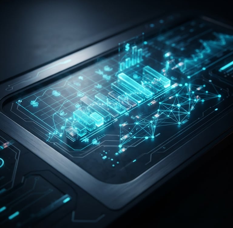 Extreme close-up of a dark sleek 3D dashboard interface showing cross-company payroll metrics and real-time ledger updates, vibrant neon cyan accents, dramatic studio lighting, octane render