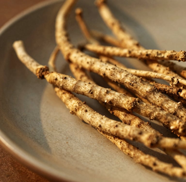 Macro close-up of warm golden-hour light catching raw ashwagandha roots on a ceramic plate, soft shadows, 35mm photography