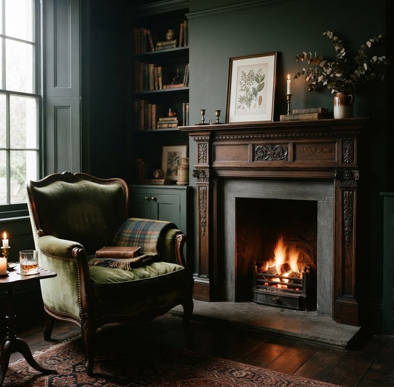 Moody editorial interior photography, natural side daylight, deep shadows, rich forest green tones, a vintage velvet chair beside a dark wood mantle, 35mm