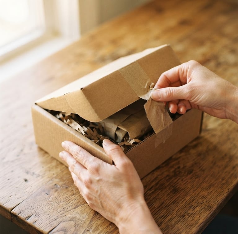 POV close-up of hands unboxing a craft cardboard package on a warm wooden table, soft natural window light, authentic 35mm photography