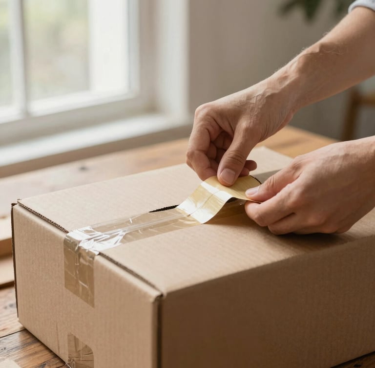 Authentic unboxing photography, hands opening a cardboard shipping box on a rustic wooden table, soft natural window light, close-up detail of hands peeling tape, 35mm lens