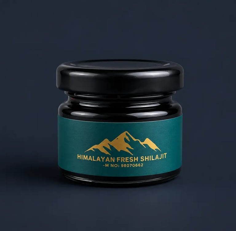A small black glass jar of Himalayan Fresh Shilajit resin with a teal and gold mountain logo on a dark background.