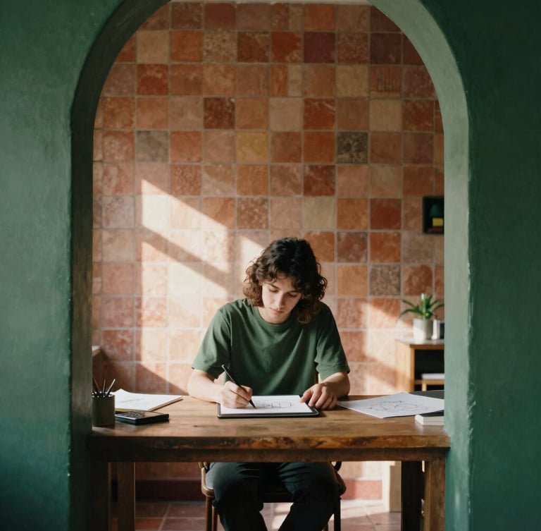 Warm editorial portrait of a designer sketching on a tablet in a sun-drenched office, rustic terracotta tiles on the wall, soft natural light, deep greens and earthy tones, architectural framing, 35mm film
