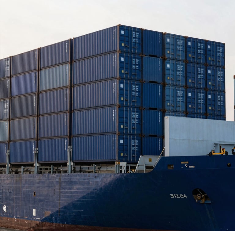Wide-angle industrial port at dawn, deep blue shipping containers stacked neatly on a cargo vessel, cool daylight-balanced lighting, 35mm crisp commercial photography