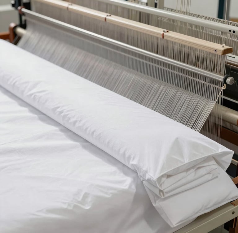 Close-up of modern industrial loom weaving crisp white hotel bed sheets, focus on the textile weave texture, bright daylight, professional corporate aesthetic