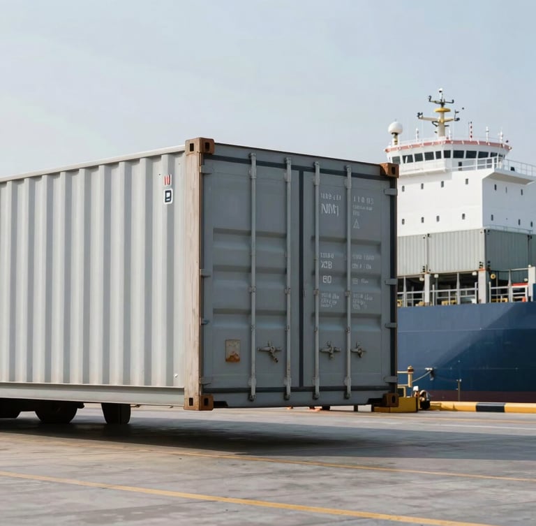 A close-up of a large steel shipping container being loaded onto a modern cargo vessel at a busy maritime port, bright daylight, cool neutral tones.