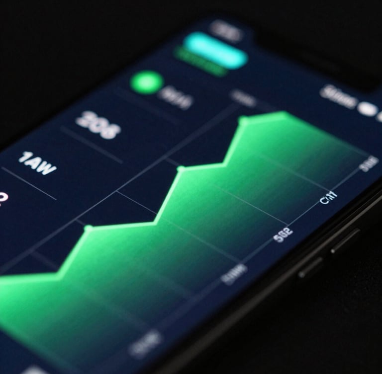 Macro close-up of a high-fidelity Android smartphone screen displaying a sleek dark-mode system dashboard with glowing green performance graphs, neon cyan accents, dark ambient lighting, 35mm