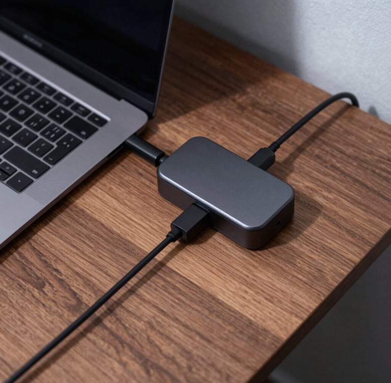 Top-down flat lay of an organized modern wooden desk with a black laptop, sleek charging dock, and neat cables, cool high-contrast studio lighting.