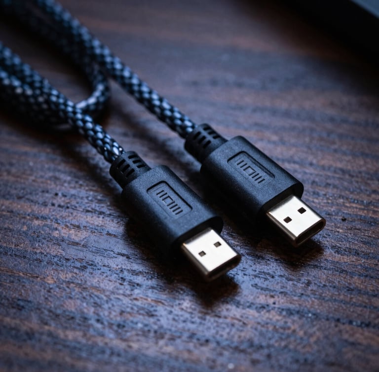 Macro shot of premium braided nylon USB-C cables neatly coiled on a dark wooden desk, high-contrast cool tones