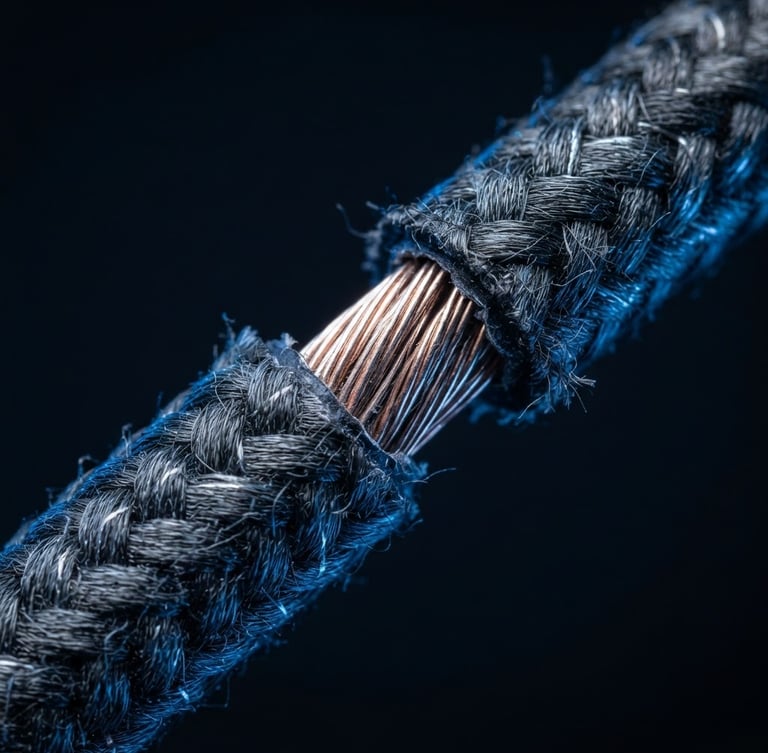 Tight macro crop of a braided nylon USB-C cable with a reinforced copper core, crisp studio lighting, subtle blue ambient fill, dark background.
