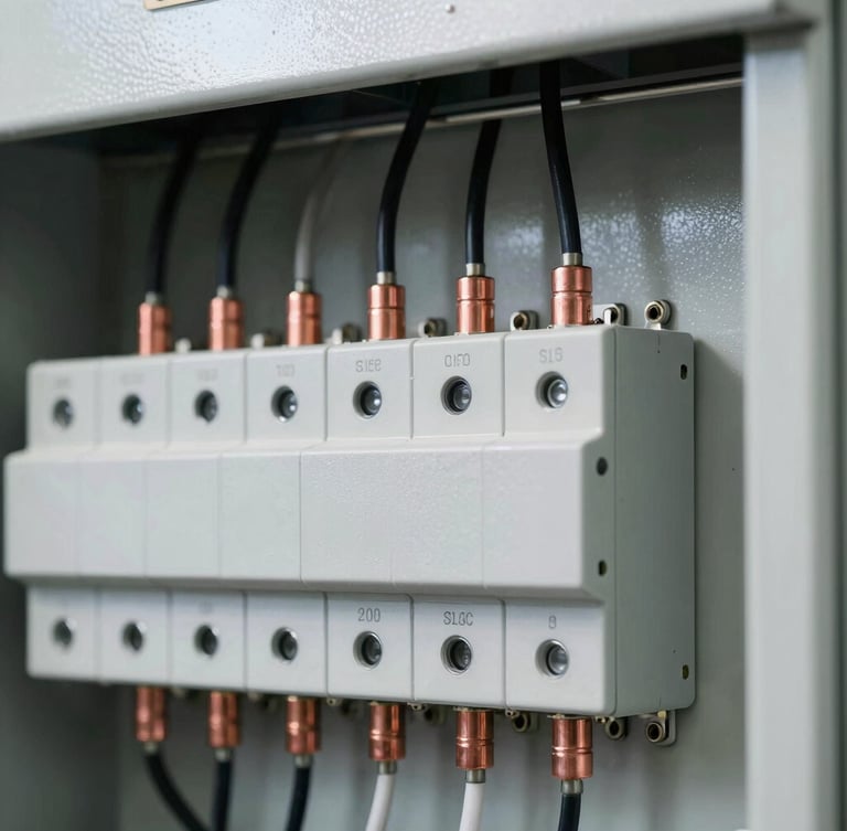 Close-up of a perfectly wired industrial electrical panel, clean copper connections, high-contrast technical lighting, sharp focus, 35mm lens
