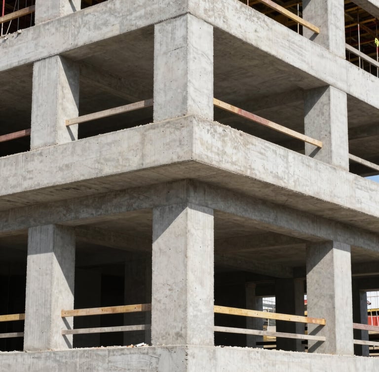 Crisp industrial photography, a modern concrete building under construction with exposed pillars, bright natural daylight, sharp focus, 35mm lens