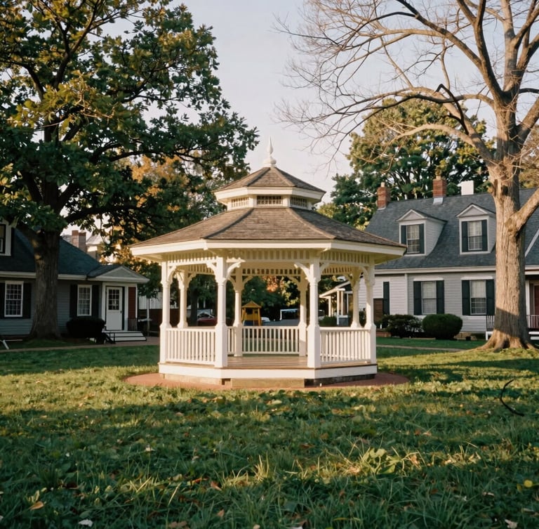 A leafy green town common in New England during crisp golden hour, historic white gazebo in the center, soft long shadows on the grass