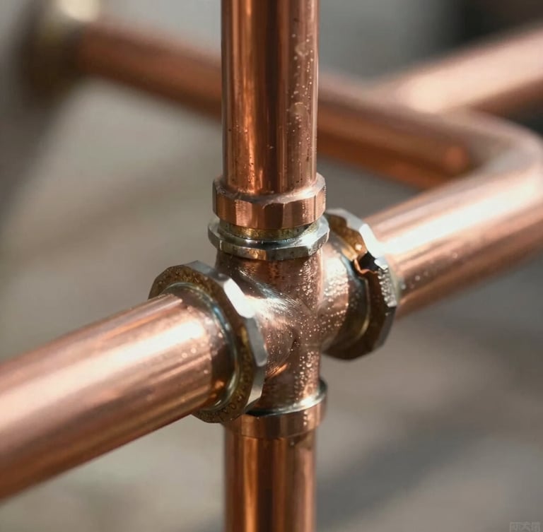 Tight macro shot of copper pipes with clean solder joints, illuminated by bright natural daylight, showing professional plumbing craftsmanship.