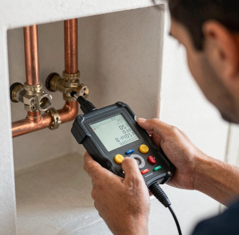A close-up shot of a professional technician using an acoustic leak detection device on copper water pipes inside a Dubai building, natural bright utility light, sharp focus on the digital screen