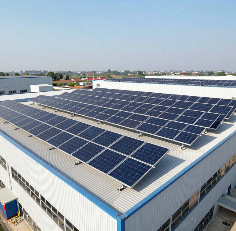 Wide-angle industrial photography of a massive grid-tied solar panel array installed on a modern factory roof in Maharashtra under bright natural daylight, clear sky, sharp technical blue and amber tones.
