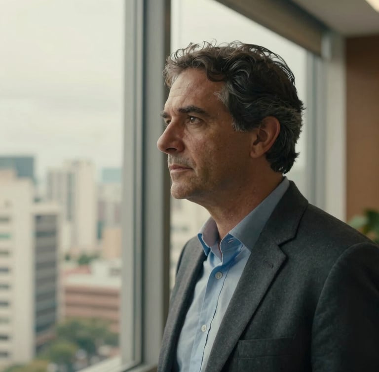 Cinematic medium close-up of Marcelo Motta in a high-rise office in São Paulo, looking thoughtfully out a window, soft natural light, warm travertine tones, high depth of field.