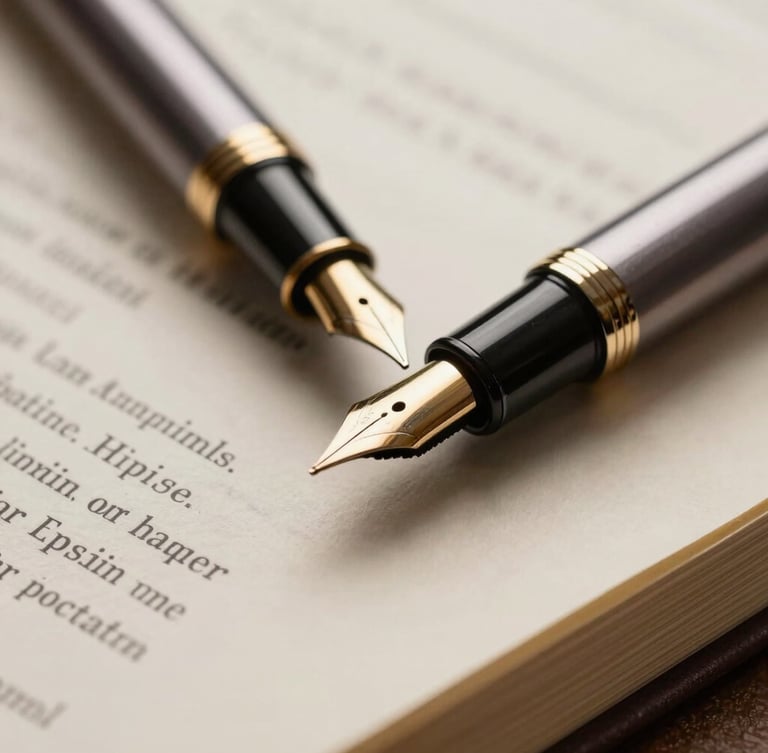 Cinematic close-up of a fountain pen resting on a thick, high-quality legal document, soft side lighting, shallow depth of field, warm tones.