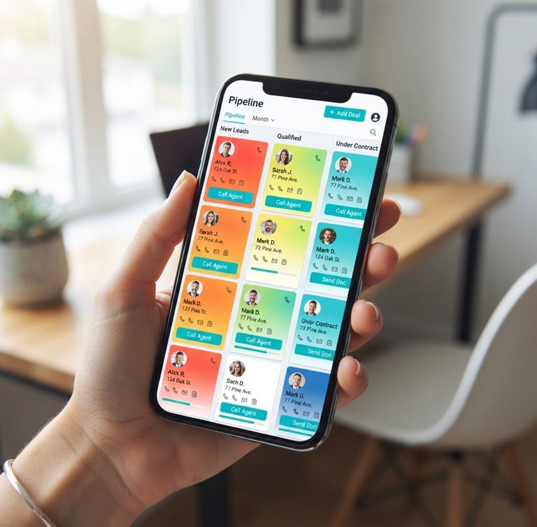 High-fidelity mobile CRM software mockup showing a clean real estate pipeline with heat-mapped lead cards, vibrant turquoise accents, bright daylight, professional software photography