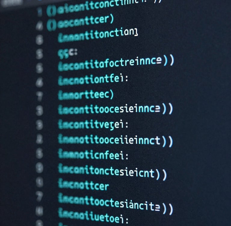 Cool editorial macro photography of clean code on a dark screen, sharp studio lighting with cyan accents, deep slate tones, 35mm