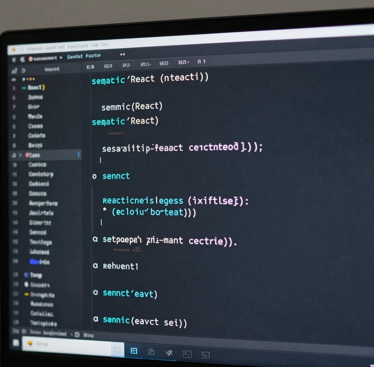 Macro shot of a high-contrast code editor on an ultra-wide monitor, sharp focus on clean semantic React and database query code, cool-toned slate background with subtle electric cyan highlights, shallow depth of field