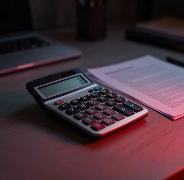 Moody cinematic photography of a modern, uncluttered workspace with a calculator and documents, dramatic low-key lighting, deep shadows, a subtle red gradient overlay, sharp 35mm