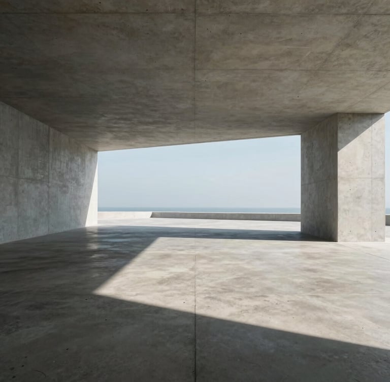 Extreme wide shot of a minimalist concrete pavilion interior, stark geometric shadows cast by midday sun on polished concrete floor, perfectly leveled horizon.