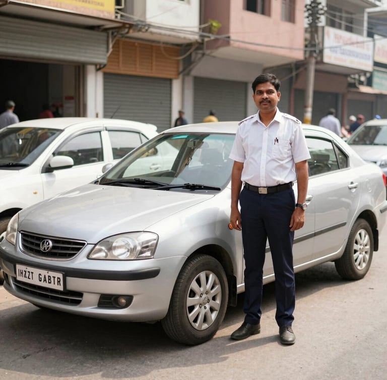 A professional driver in a neat uniform standing next to a sparkling silver sedan, parked near the historic Golghar in Patna, natural daylight, medium shot.