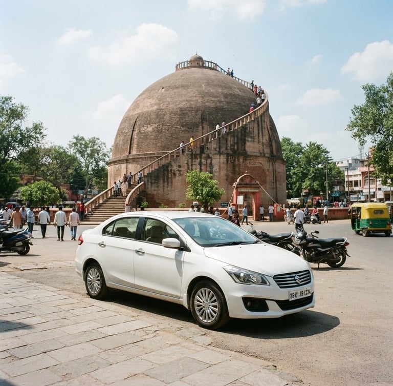 Clean white sedan parked in front of Golghar in Patna, Bihar, under bright natural daylight, wide shot.