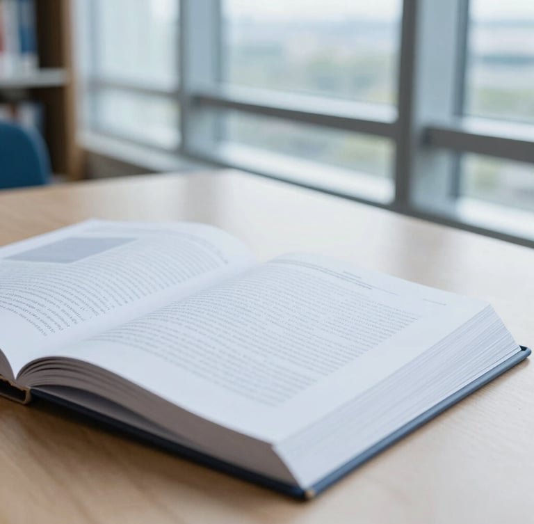 Close-up of an open academic journal on a clean wooden desk, bright cool daylight streaming through a modern library window, crisp focus, 35mm