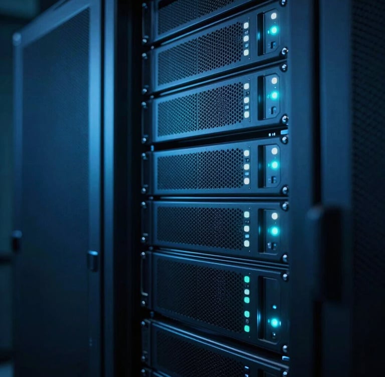 Sleek technical photography, cool ambient server room lighting, deep blue and electric cyan tones, sharp macro focus on neatly organized server racks with glowing status lights.
