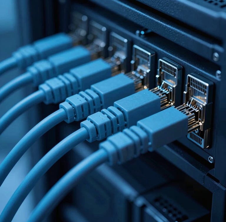 Sleek technical photography, close-up of high-performance networking cables neatly routed in a server room, cool cyan and deep blue illumination