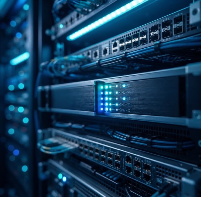 Sleek technical photography, macro focus on glowing server rack status lights, deep blue and electric cyan ambient lighting, sharp geometric lines