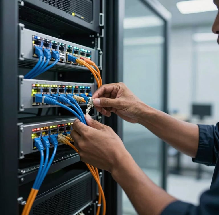 A medium-close view of an IT engineer's hands organizing blue and orange Cat6A network cables into a server rack inside a modern, clean Liberian server room, illuminated by cool LED indicators and natural window light.