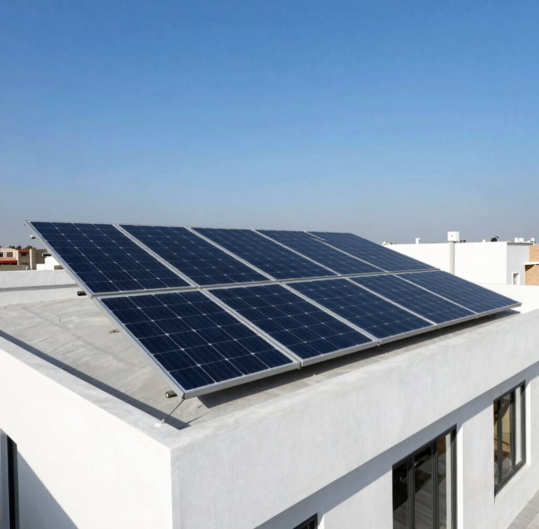 A modern residential villa rooftop in Faisalabad under bright afternoon sunlight, featuring premium monocrystalline solar panels neatly aligned, deep blue sky, crisp architectural photography.