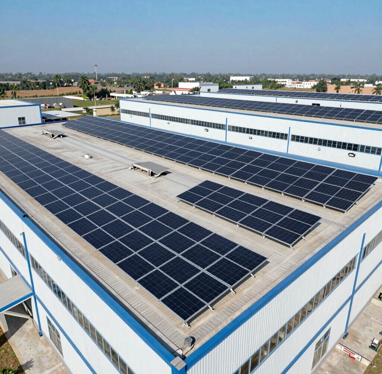 Wide aerial drone shot of a modern Pakistani industrial textile factory rooftop fully covered in high-grade solar panels under bright direct sunlight