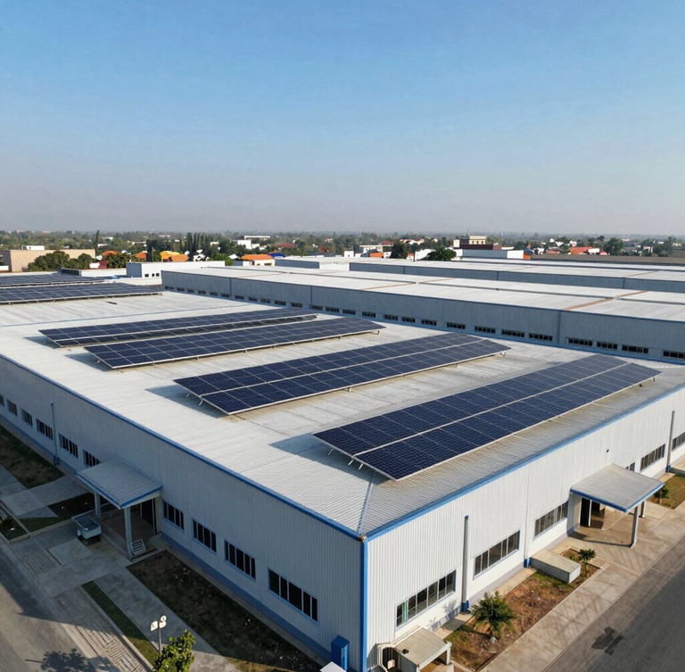 Wide aerial drone shot of a sprawling solar panel installation covering a massive modern textile mill roof in Faisalabad, bright afternoon sun reflecting off dark blue cells under a clear sky