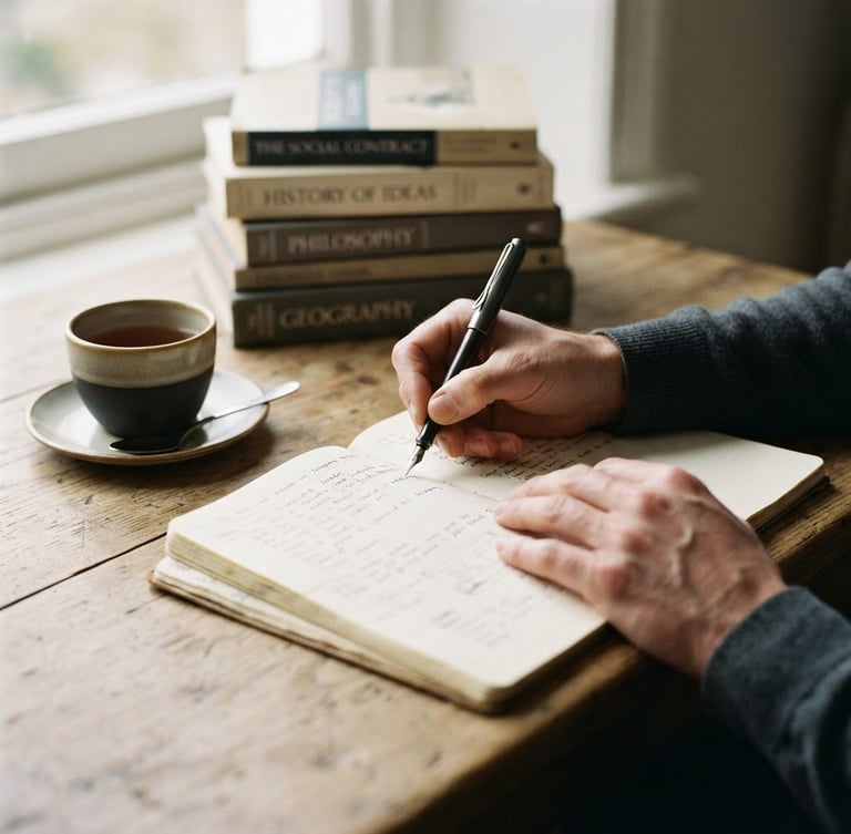 A close-up portrait of hands writing in an open notebook with a pen, surrounded by academic books and a cup of tea, on a quiet wooden desk bathed in soft diffused north-facing daylight, minimalist editorial photography, 35mm film grain, shallow depth of field, positioned to the right.