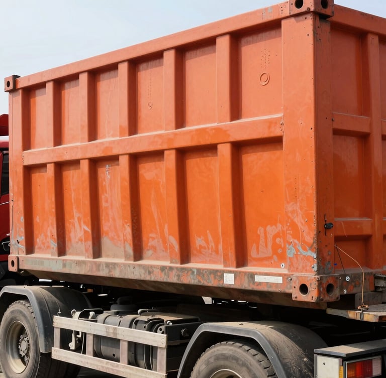 Close-up of a massive safety-orange roll-off scrap container being loaded onto a heavy-duty flatbed truck, harsh direct daylight, high contrast