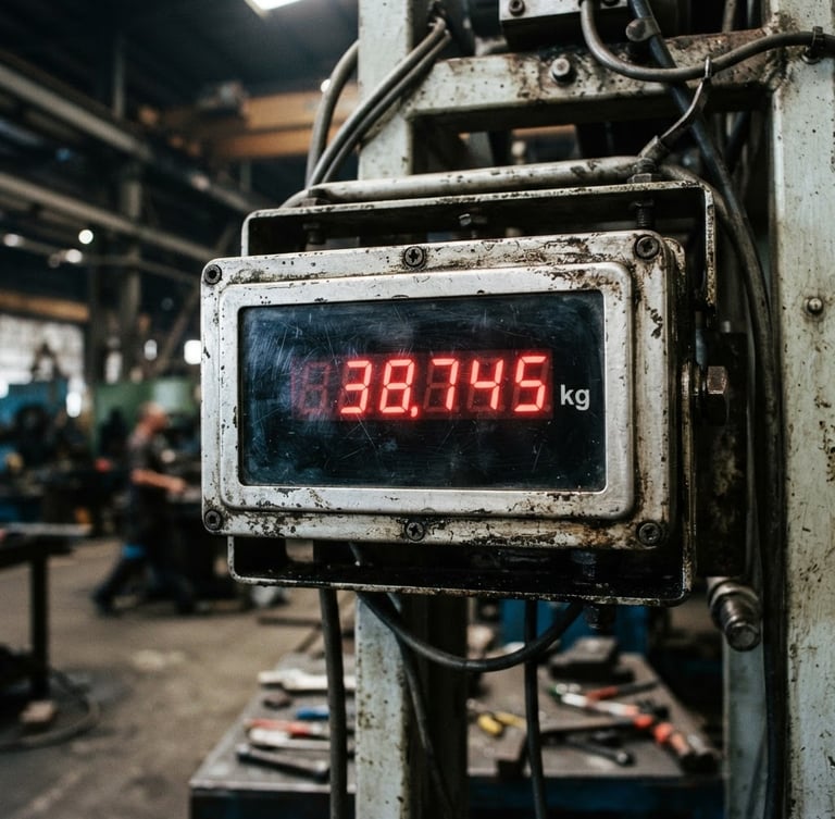 Close-up of industrial digital scale readout showing heavy weight figures, harsh daylight, high contrast metallic textures, 35mm