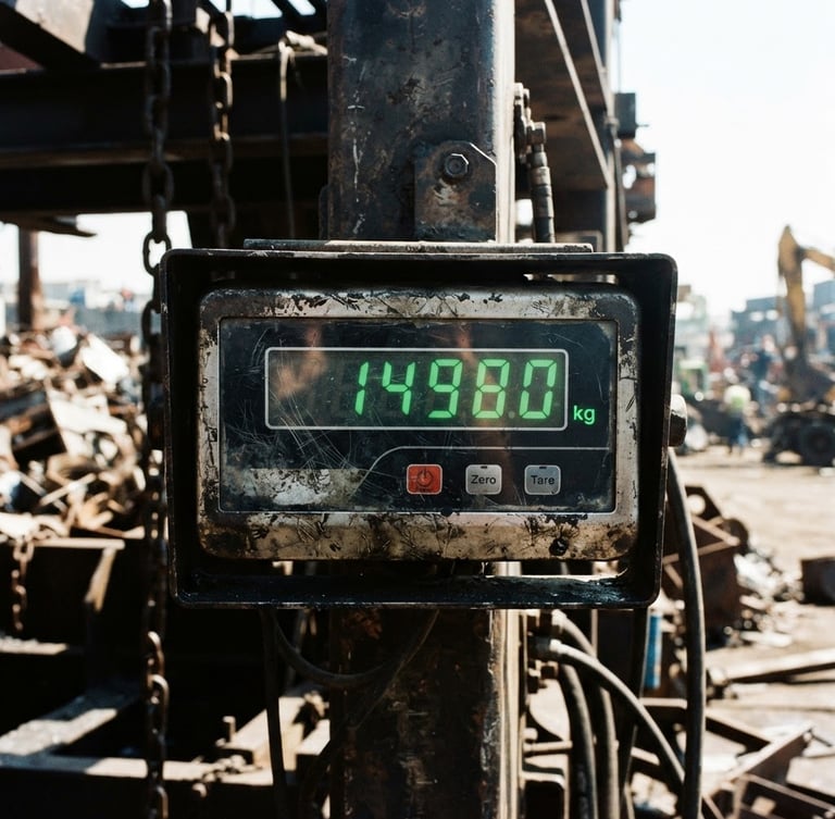 Industrial documentary photography of a heavy digital scale readout displaying green numbers, harsh direct daylight, high contrast, gritty metallic textures, 35mm