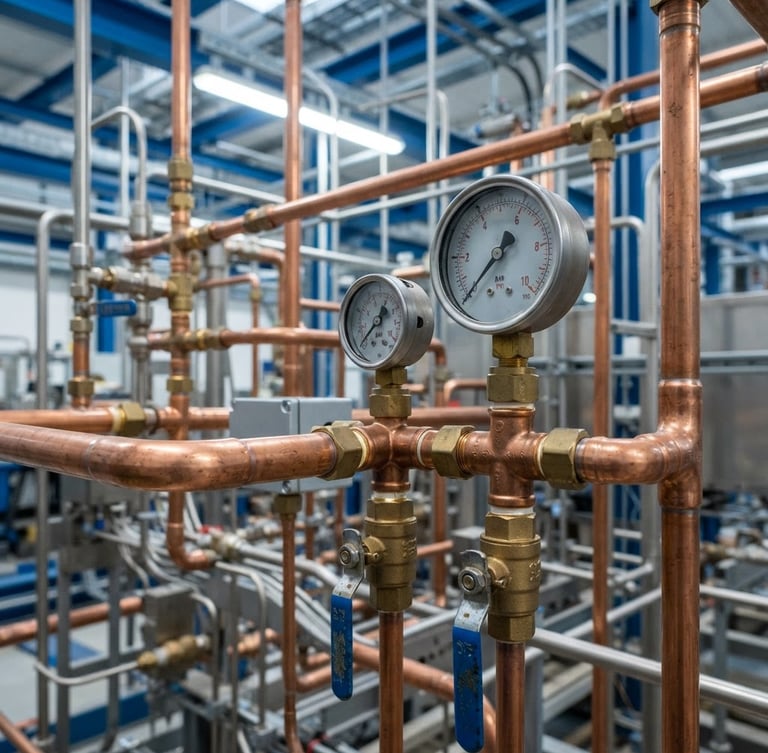 Macro close-up of clean copper gas pipes with bright industrial work-light, pressure gauges, sharp focus on technical details, 50mm